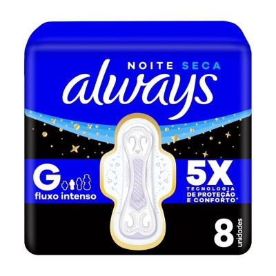 ABSORVENTE ALWAYS NOITES TRANQUILAS SECA L+P- 8UN, ALWAYS NOTURNO SECA COM ABAS LV8 PG7 8UNID