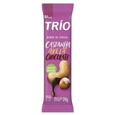 Barra de cereais trio avela e castanha com chocolate 20g, trio ligth avela castanha chocolate