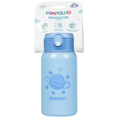 GARRAFA TERMICA INOX 400ML COM CANUDO MASC PIMPOLHO AZUL/PLANETA