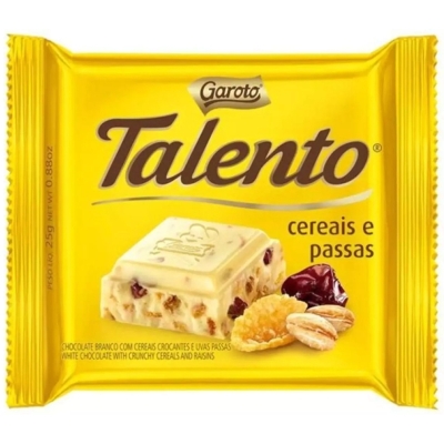 CHOCOLATE TALENTO 25G BRANCO CEREAIS/PASSAS, CEREAIS E PASSAS 25GR