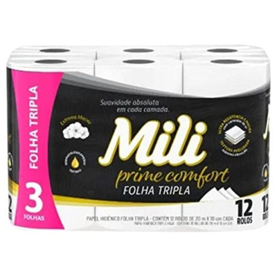 Papel higienico mili folha tripla 12 rolos c/20 metros - prime comfort