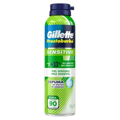 Espuma de barbear gillette prest 150g sensivel, barbear gillette pele sensivel 150gr