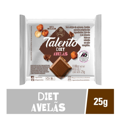 Chocolate talento 25g diet avelas, choctalento diet chocol ao leite cavela 25g garoto