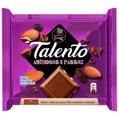 Chocolate talento 85g amendoas e passas