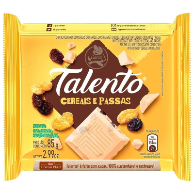 Chocolate talento 85g cereais e passas