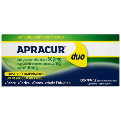 Apracur duo c/12cp (250+30mg (verde) 250mg+2mg (amarelo))